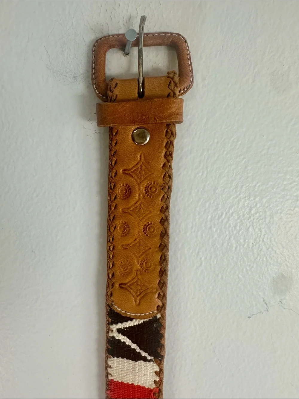 Guatemalan Tooled Handmade Multicolor Leather Belt - Rainbow Stripe 34-38”